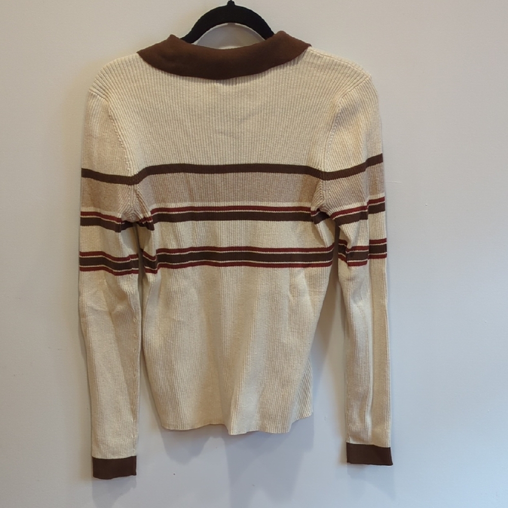 Faherty Cotton Cashmere Henley Polo Sweater Cream Brown Stripes Large NWT Preppy - Picture 9 of 9